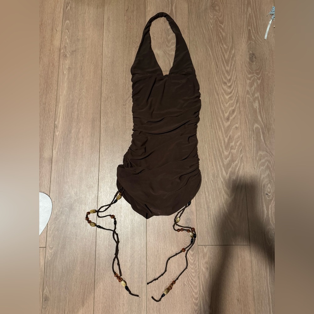 White Fox brown halter neck dress with beaded straps.